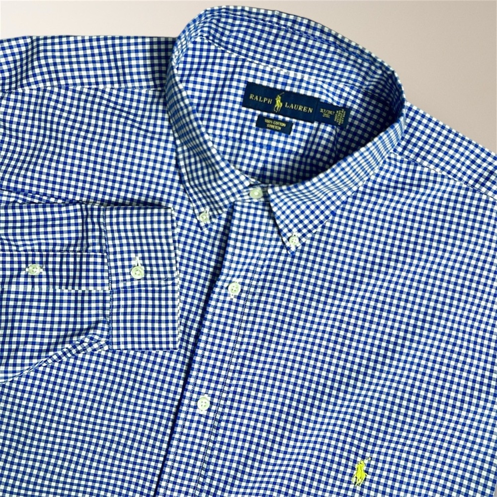 Ralph Lauren Mens 3XT Blue White Gingham Button Down Cotton Stretch Shirt Preppy